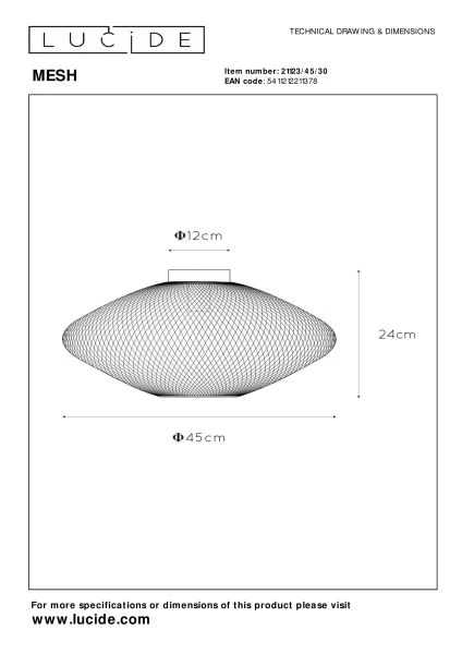 Lucide MESH - Plafonnier - Ø 45 cm - 1xE27 - Noir - TECHNISCH